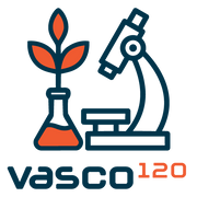 Logo with a microscope, beaker, and plant, featuring the text 'vasco120'.