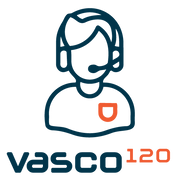 Logo of a person with a headset and 'vasco120' text on a white background