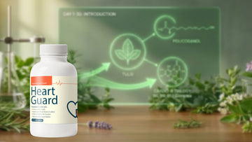 Heart Guard supplement bottle on a wooden surface with a green screen displaying chemical structures.
