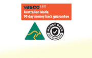 Vasco120 Australian Made 90 day money back guarantee label on a gradient background