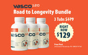 Vasco120 supplement bottles on an orange background with promotional text.