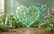 Herbal plants with a heart-shaped diagram on a wooden surface, surrounded by scientific equipment.