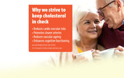 Advertisement about cholesterol management with a couple holding hands on a light background