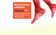 Advertisement for Vasco120 with text about blood circulation and ageing on a white background.