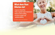 Woman making a heart shape with her hands, with text about Vaso Dilation benefits on an orange box.