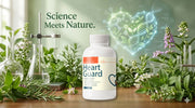 Heart Guard supplement bottle with scientific elements and nature on a wooden surface