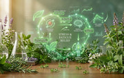 Herbal plants on a wooden surface with green energy graphics and text about stress and fatigue relief.