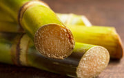 Close up of cut sugar cane on wooden table waiting to be processed