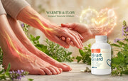 Person holding a foot with glowing heart, bottle of Heart Guard supplement on a wooden surface with plants.