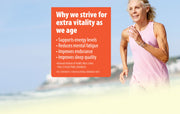 Woman running on a beach with a text overlay about vitality and energy levels.