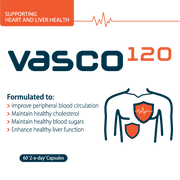 Vasco120 supplement packaging with text on heart and liver health.