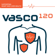Vasco120 logo with heart and liver symbols on a white background