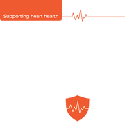 Orange shield icon with heartbeat line on a white background, labeled 'Supporting heart health'.