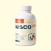 Vasco120 supplement bottle on a light yellow background