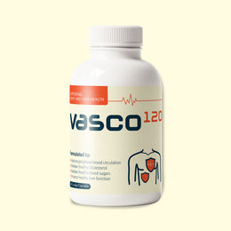 Vasco120 supplement bottle on a light yellow background