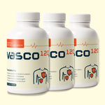 Three Vasco120 supplement bottles on a light beige background