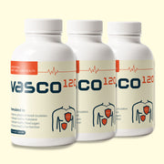 Three Vasco120 supplement bottles on a light beige background