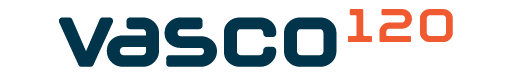 Vasco120 logo with blue text and orange number on a black background