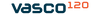 Vasco120 logo with blue text and orange number on a black background